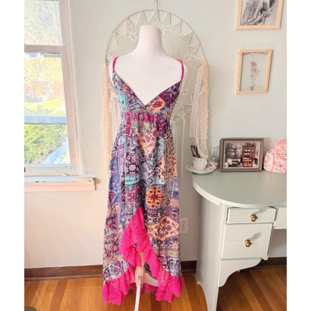 Patchwork Boho Maxi Dress Pink Lace Trim Sz L Feminine Rockabilly Flowy Flattery
